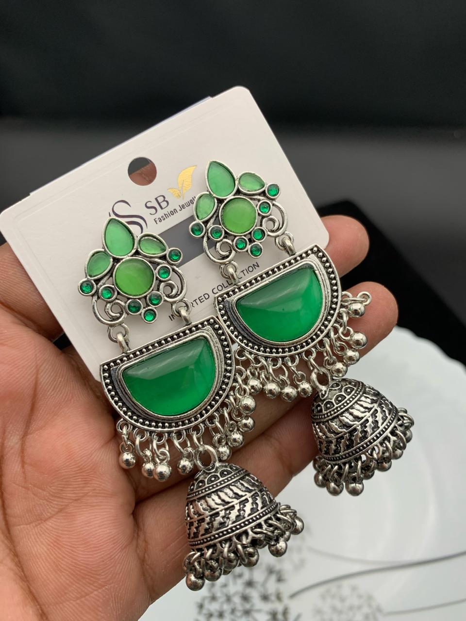 "Multicolor Oxidized Half-Moon Jhumka Earrings – Traditional Boho Collection