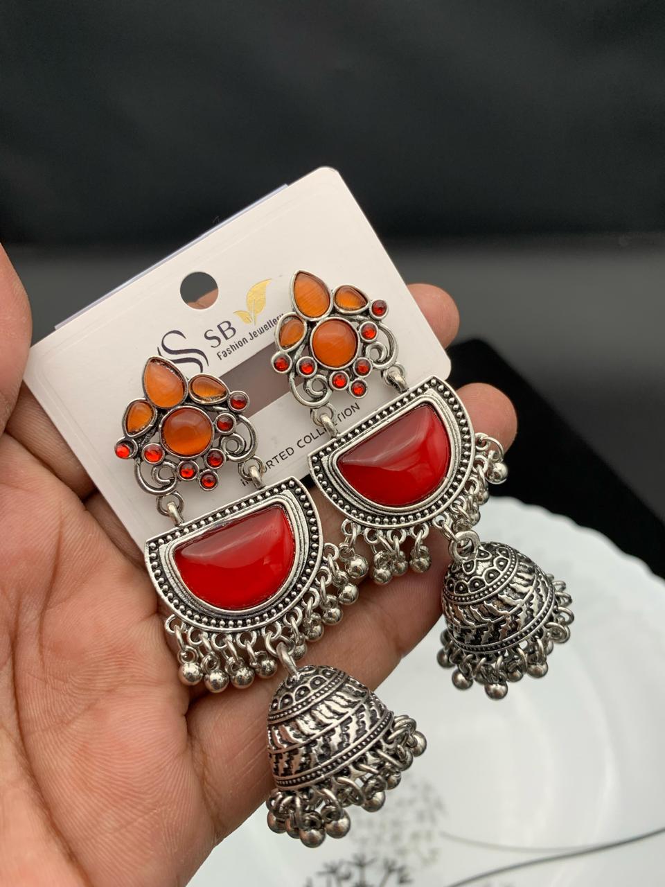 "Multicolor Oxidized Half-Moon Jhumka Earrings – Traditional Boho Collection