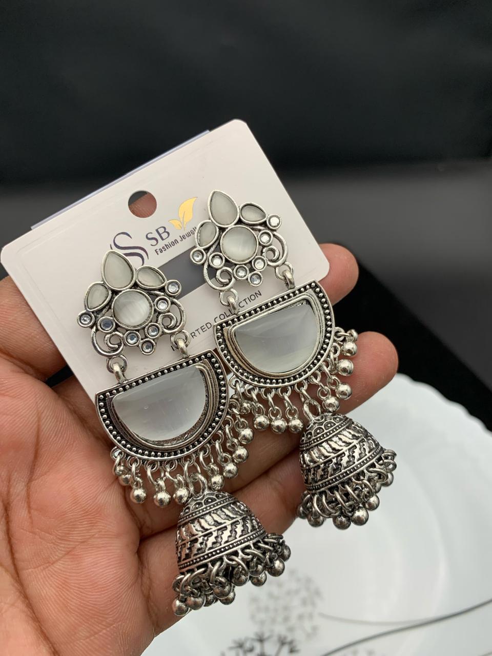 "Multicolor Oxidized Half-Moon Jhumka Earrings – Traditional Boho Collection