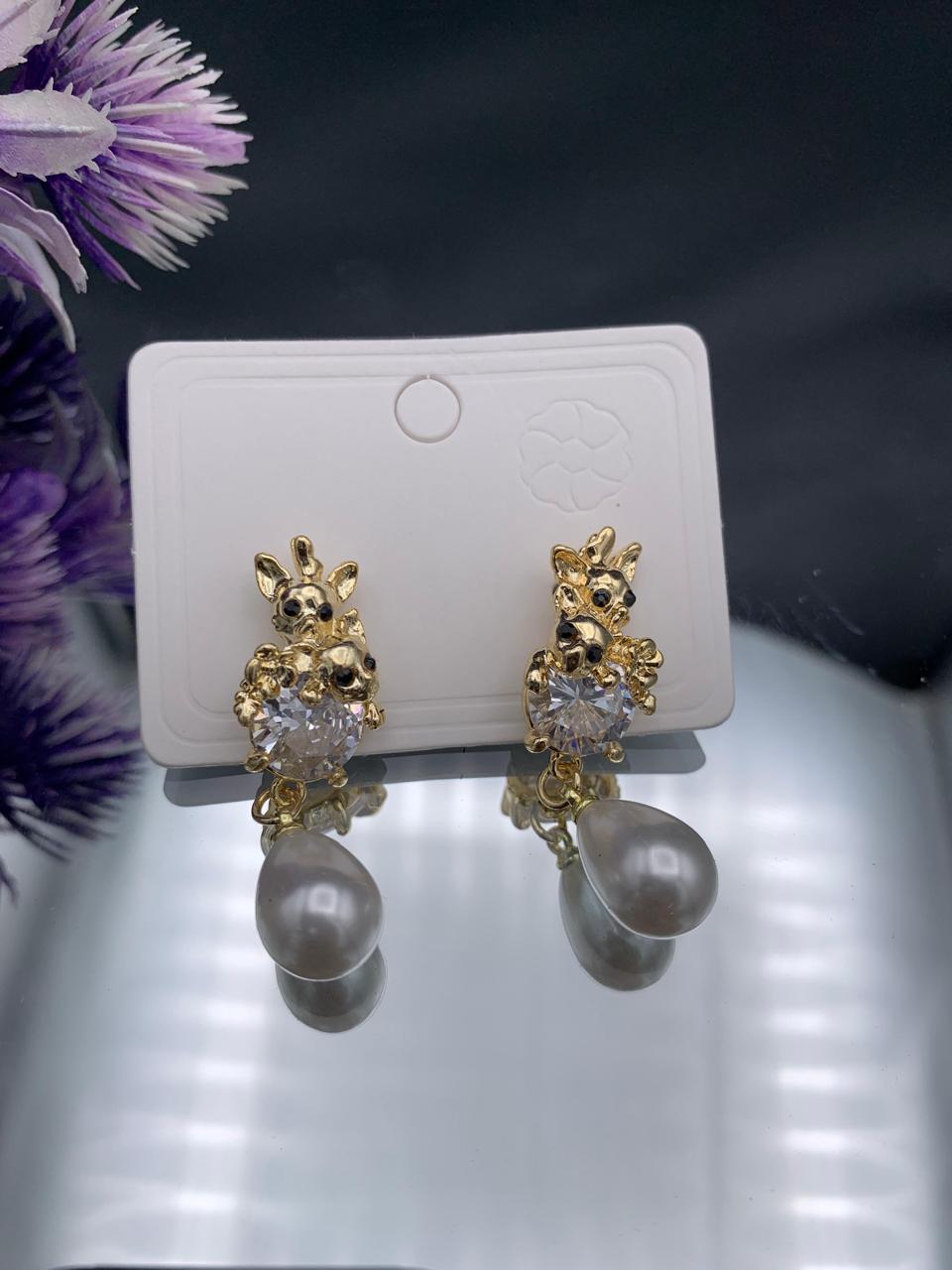 Gold Animal Motif Drop Earrings with Crystal and Pearl