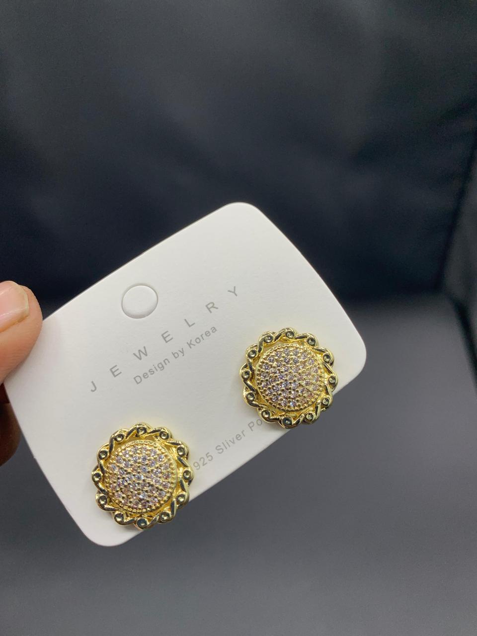 Vintage-Inspired Round Stud Earrings with Crystal Pave and Gold Filigree Frame