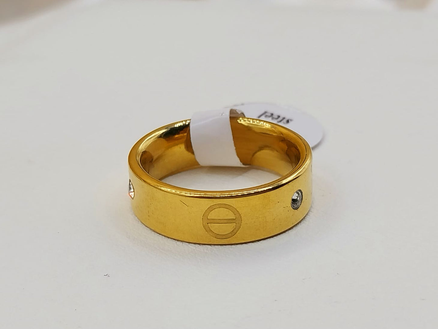 Classic Gold-Plated Stainless Steel Band Ring with Crystal Accents
