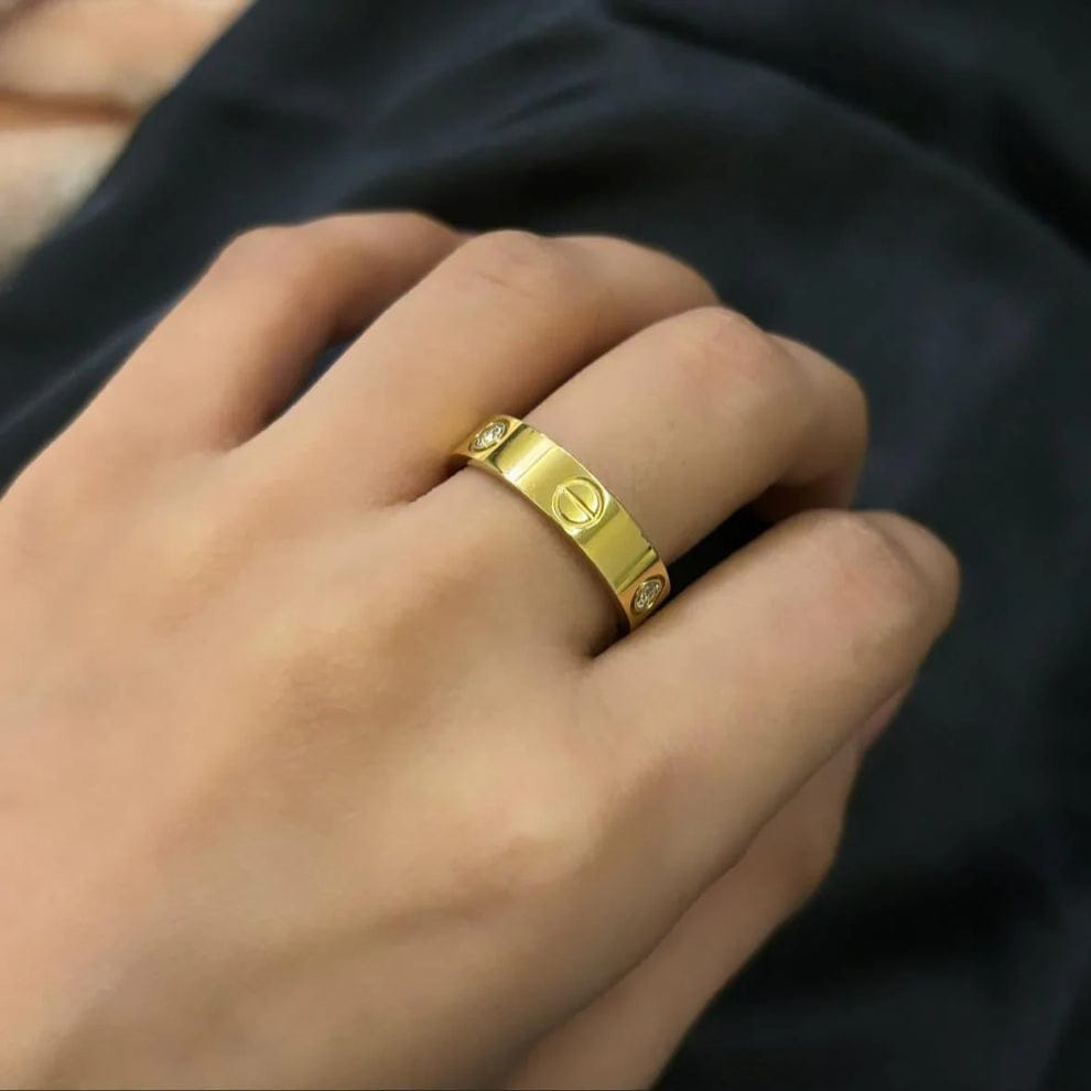 Classic Gold-Plated Stainless Steel Band Ring with Crystal Accents