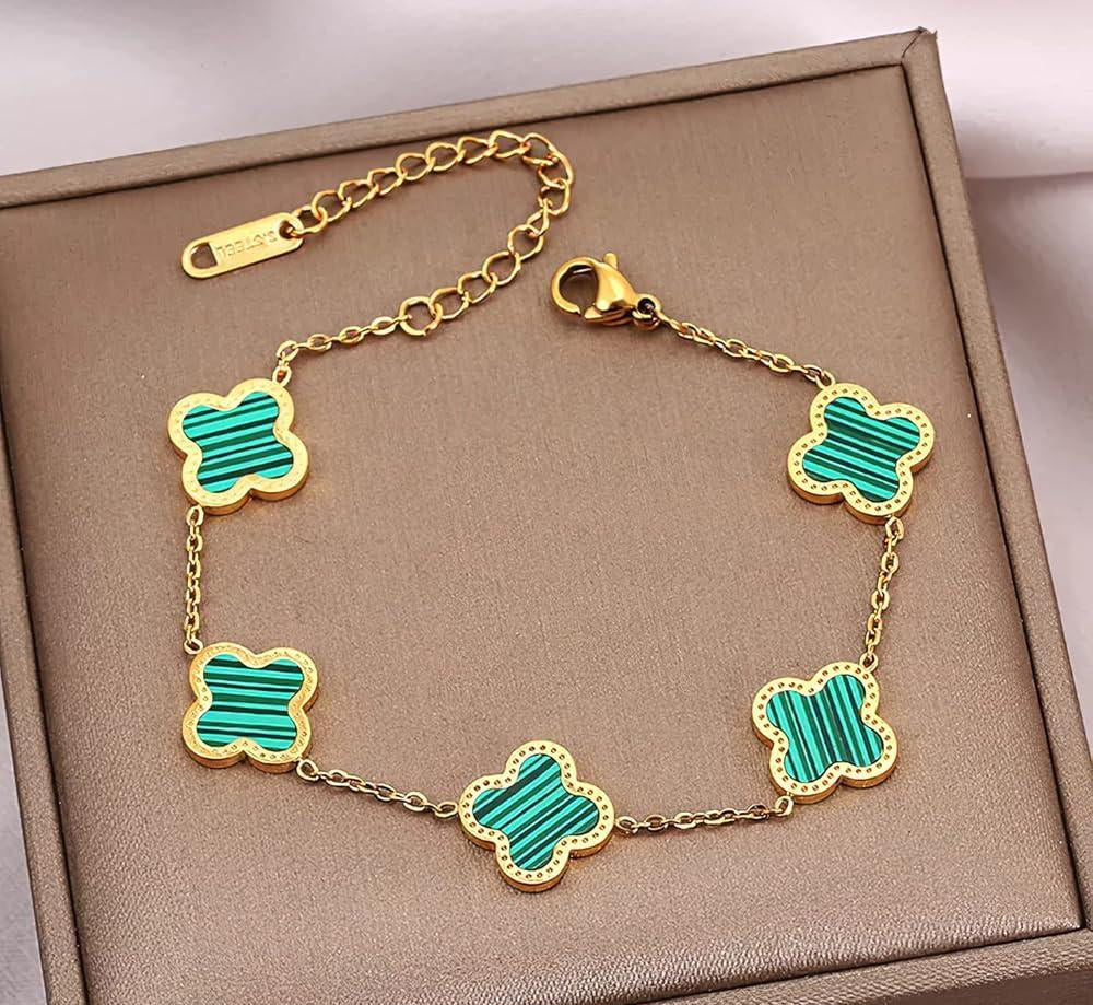 “Clover Cascade” Malachite-Inspired Charm Bracelet – Gold Finish