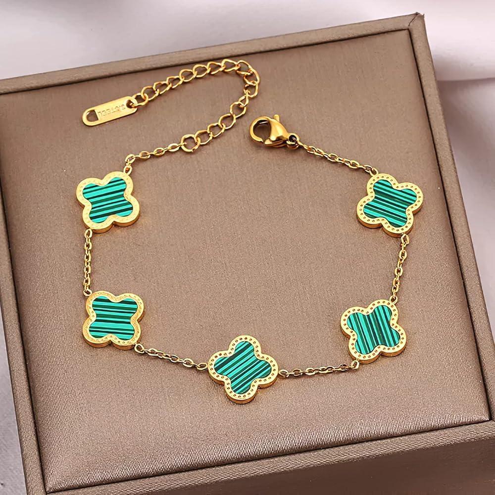 “Clover Cascade” Malachite-Inspired Charm Bracelet – Gold Finish