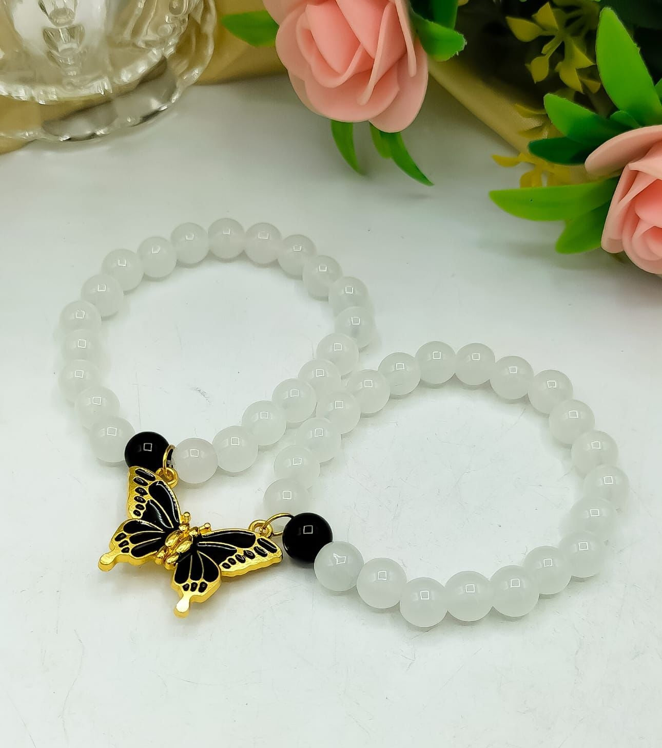 Elegant White Beaded Butterfly Bracelet Set