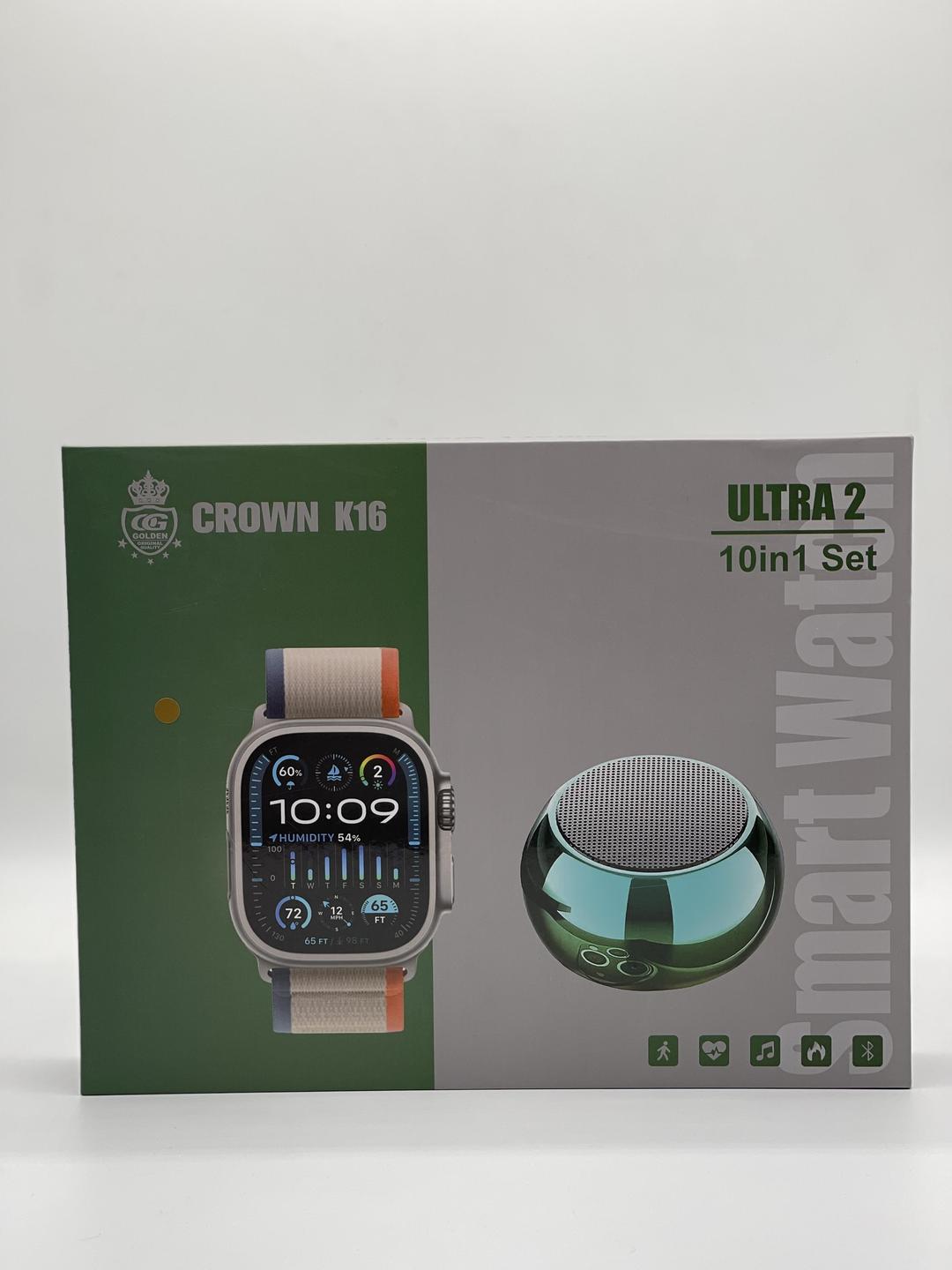 Crown K16 Ultra 2 Smart Watch – 10-in-1 Combo Set