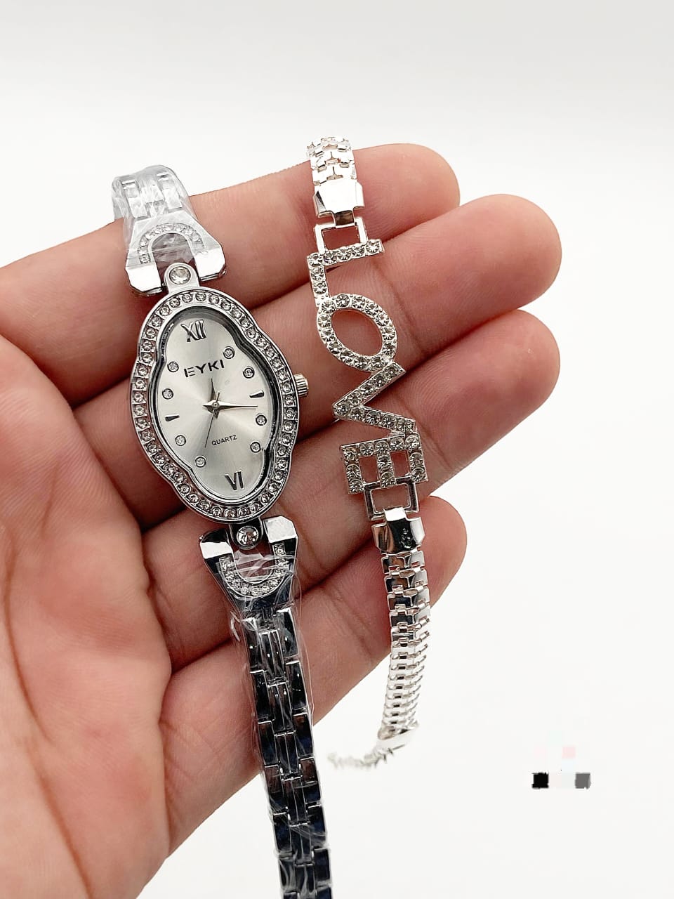 Elegant Oval Dial Watch & LOVE Bracelet Set