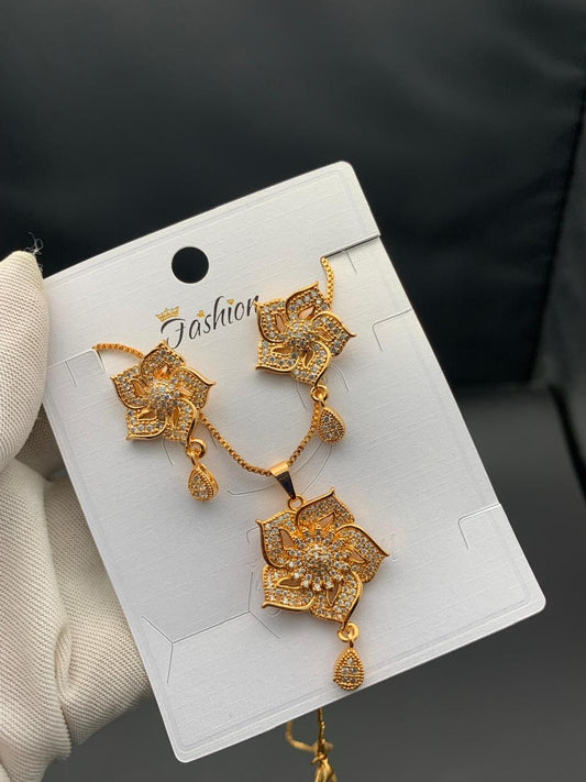 Designer Gold-Plated Floral Necklace Sets – Black Bead & White Stone Variants