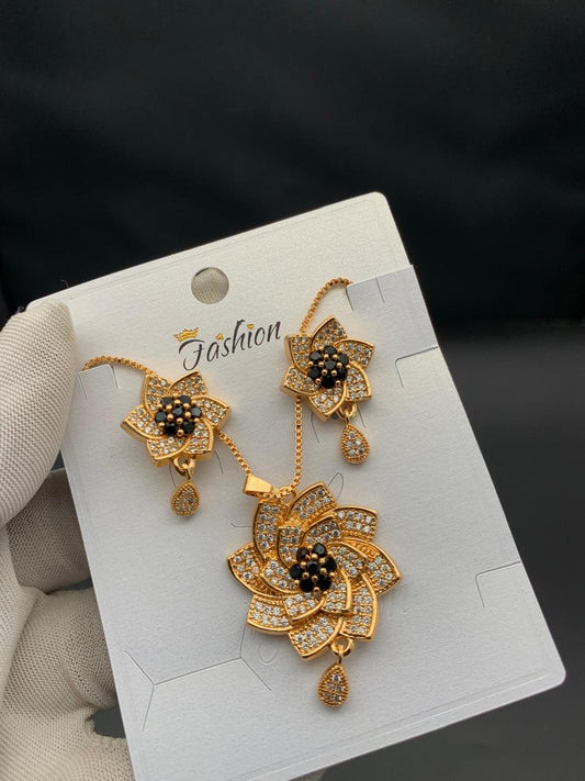 Designer Gold-Plated Floral Necklace Sets – Black Bead & White Stone Variants