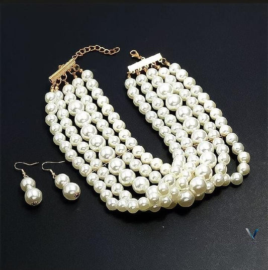 Luxurious Multi-Strand Pearl Necklace & Earrings Set