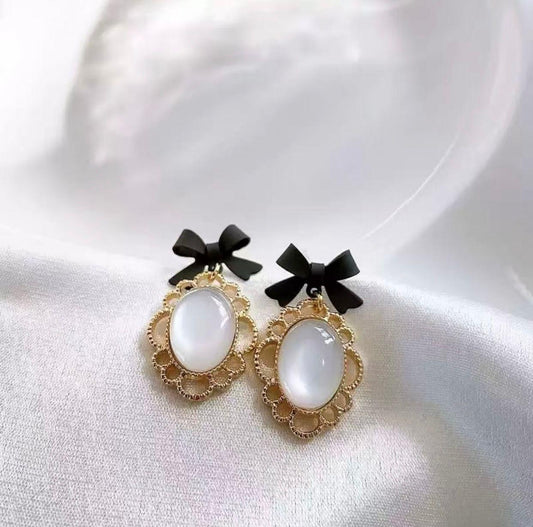 Vintage Bow & Opal Drop Earrings