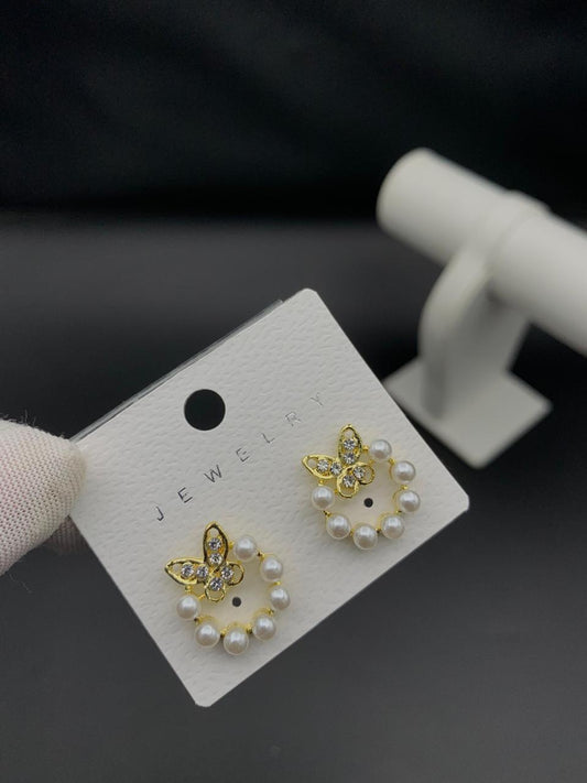 Elegant Butterfly Pearl Circle Stud Earrings – Gold Finish with Crystal Accents