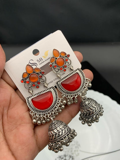 "Multicolor Oxidized Half-Moon Jhumka Earrings – Traditional Boho Collection