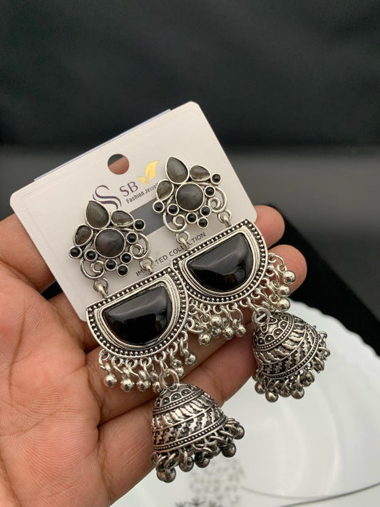 "Multicolor Oxidized Half-Moon Jhumka Earrings – Traditional Boho Collection