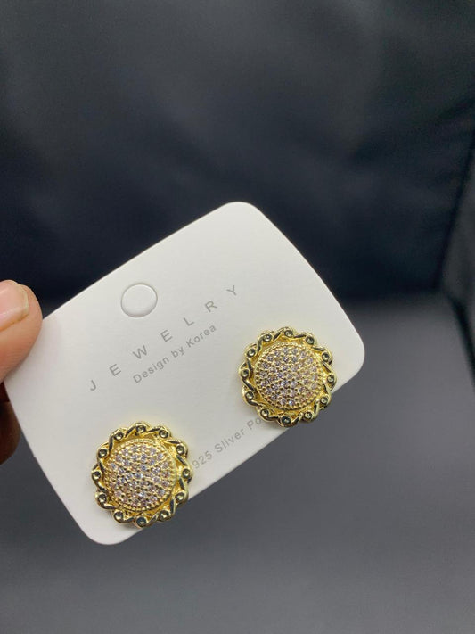 Vintage-Inspired Round Stud Earrings with Crystal Pave and Gold Filigree Frame