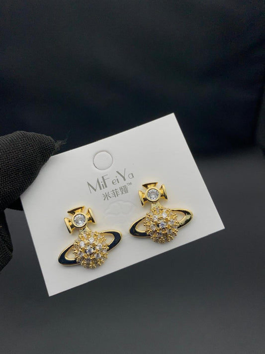 Celestial Planet Design Stud Earrings – Gold with Crystal Accents