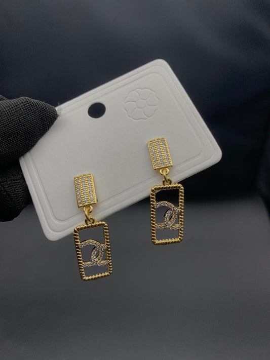 Elegant Gold-Plated Rectangular Drop Earrings with Crystal Monogram Charm