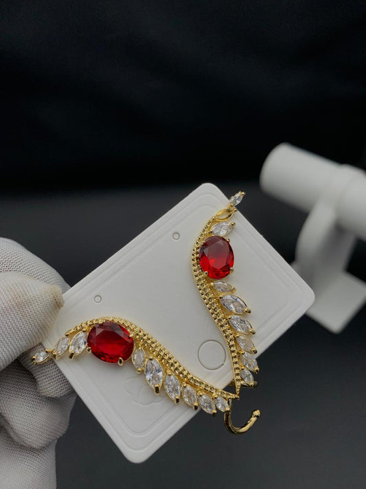 Elegant Gold-Plated Ear Cuff with Red and White CZ Stones