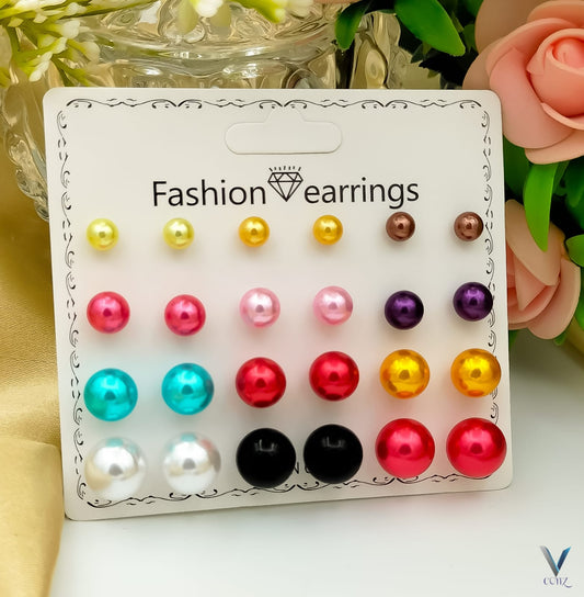 Multi-Color Pearl Stud Earrings Set – 18 Pairs
