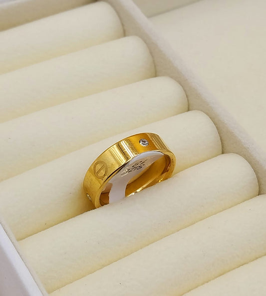 Classic Gold-Plated Stainless Steel Band Ring with Crystal Accents