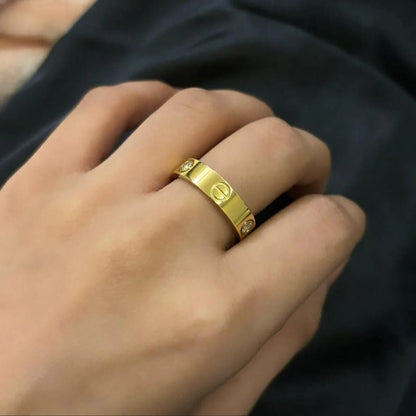 Classic Gold-Plated Stainless Steel Band Ring with Crystal Accents