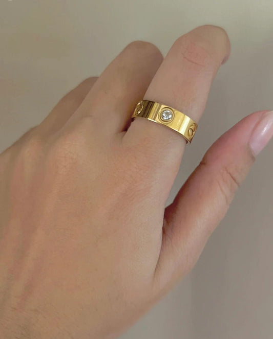 Classic Gold-Plated Stainless Steel Band Ring with Crystal Accents