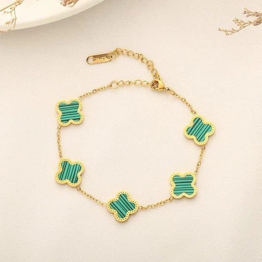 “Clover Cascade” Malachite-Inspired Charm Bracelet – Gold Finish