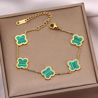 “Clover Cascade” Malachite-Inspired Charm Bracelet – Gold Finish
