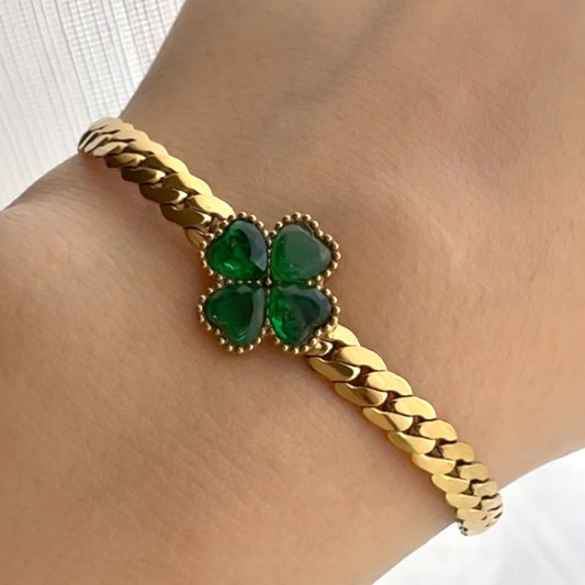 Emerald Clover Charm Gold Bracelet