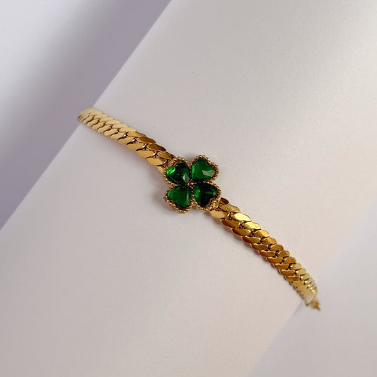 Emerald Clover Charm Gold Bracelet