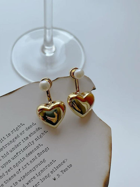 Golden Heart Drop Earrings with Pearl Stud