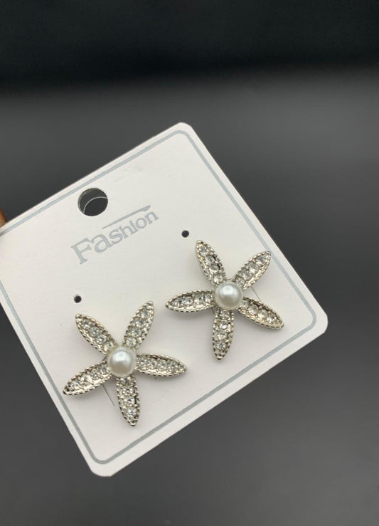 Elegant Crystal Flower Stud Earrings with Pearl Center