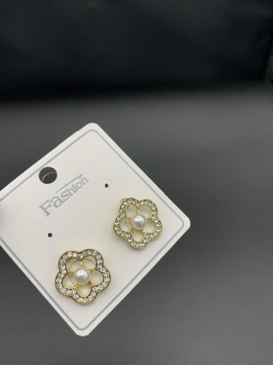 Gold Crystal Flower Stud Earrings with Pearl Center