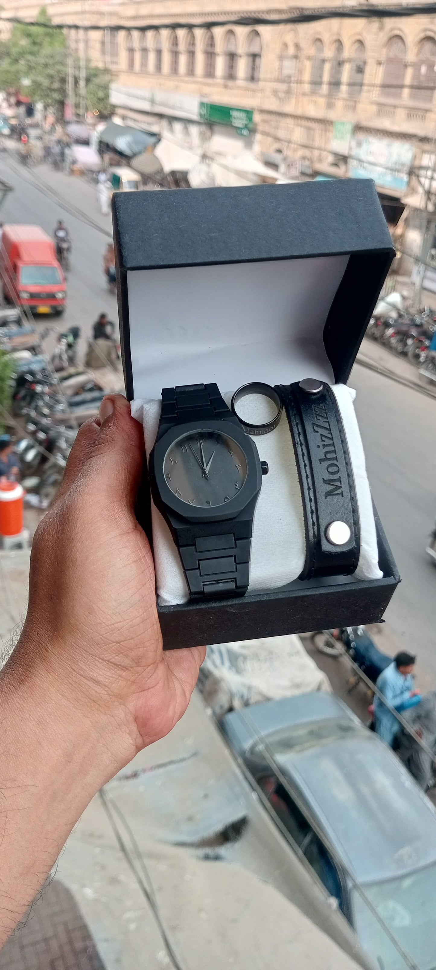 3-in-1 Premium Black Gift Set – Arabic Dial Watch, Ring & Personalized Leather Bnad