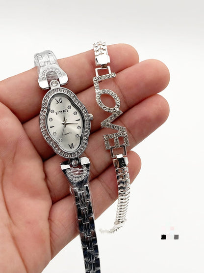 Elegant Oval Dial Watch & LOVE Bracelet Set