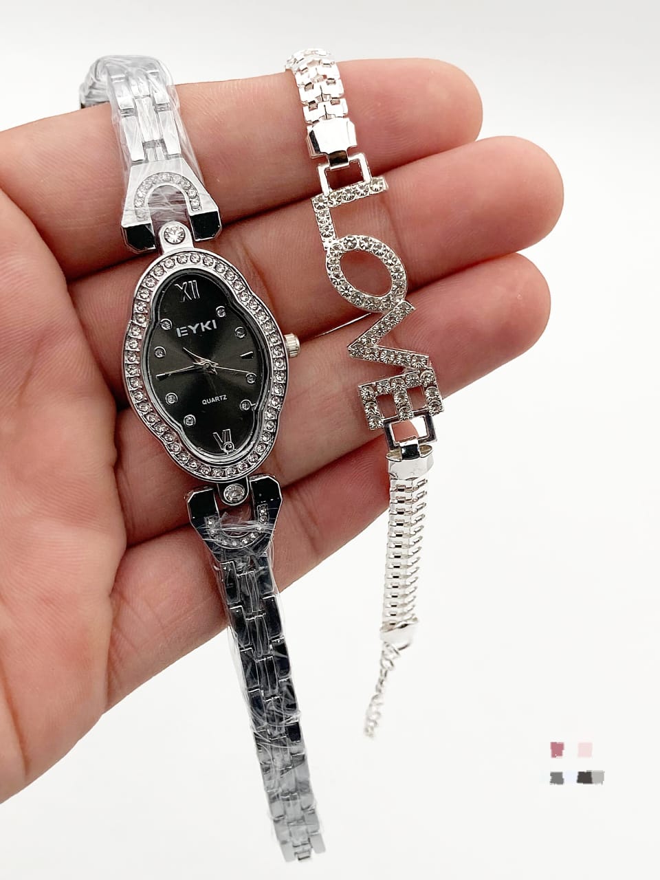Elegant Oval Dial Watch & LOVE Bracelet Set